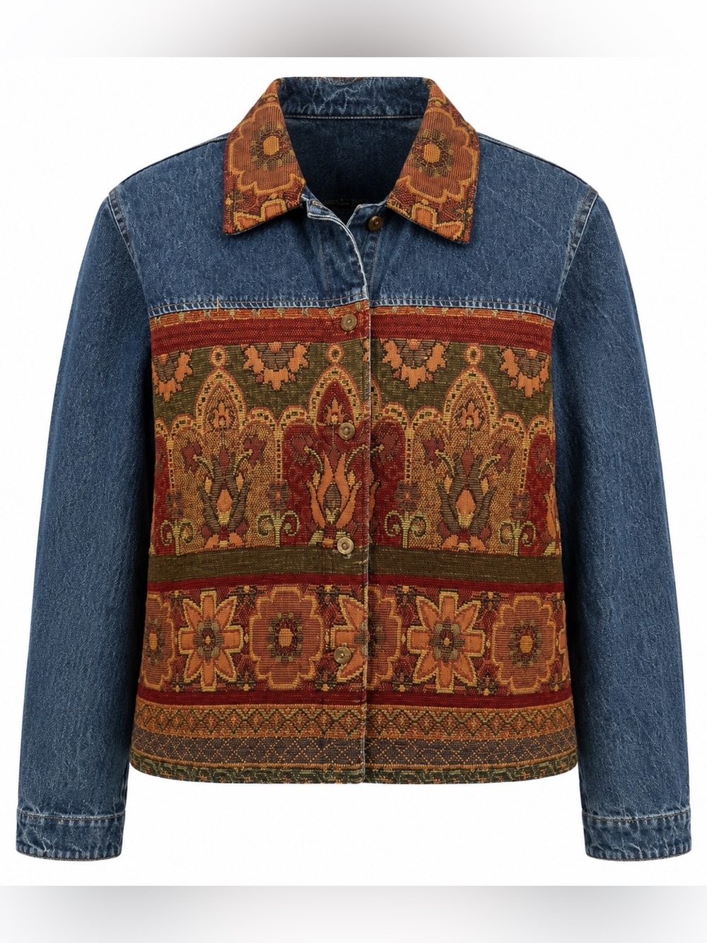 Vintage Coldwater Creek Tapestry Denim Jacket M Boho Patchwork Floral Western
